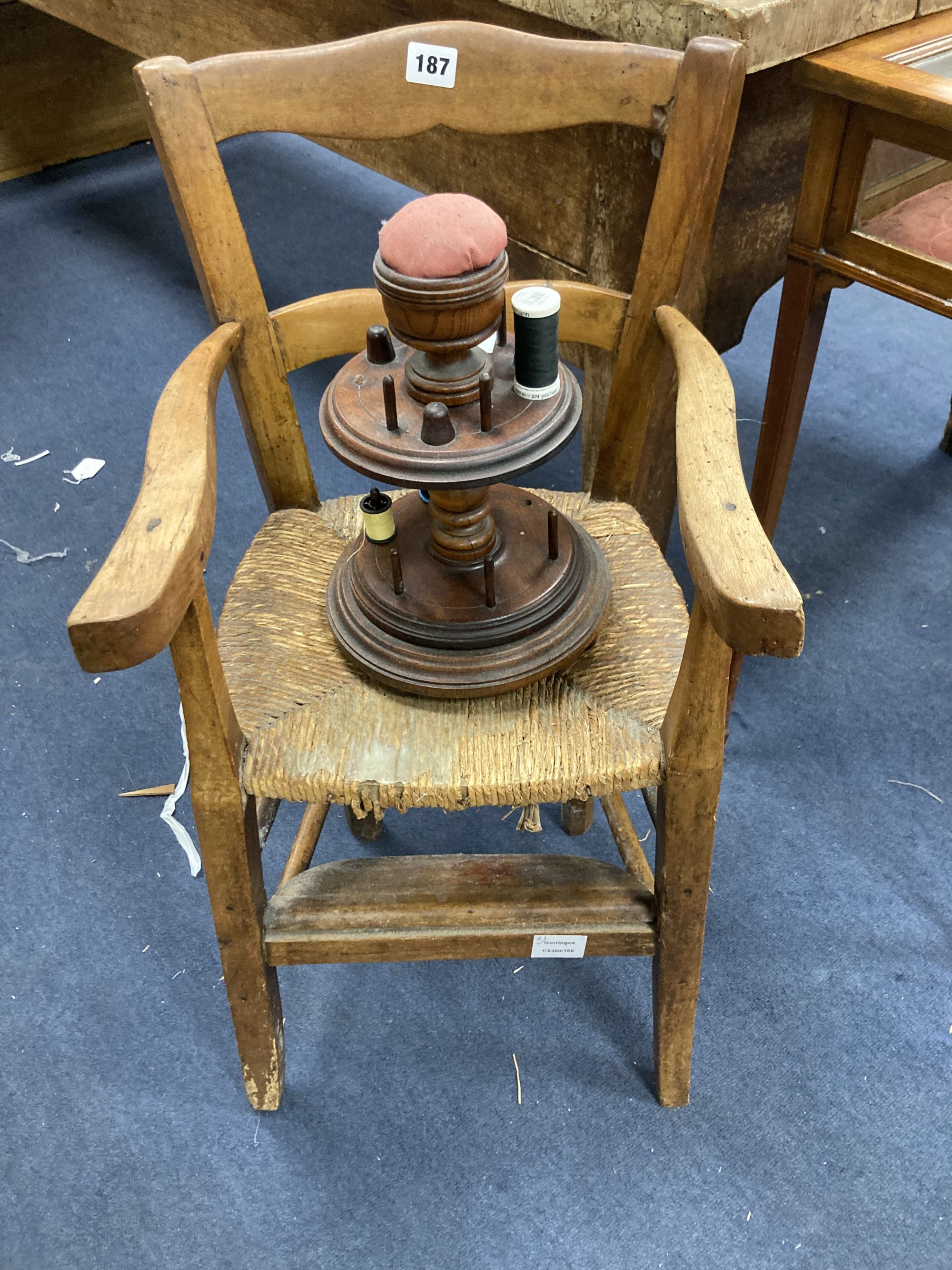 A fruitwood childs chair and a bobbin holder